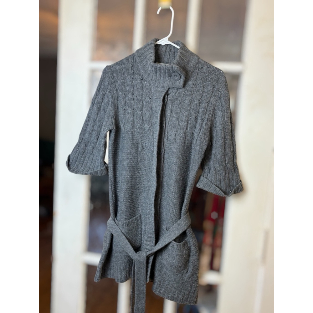 Merona Women's Medium Gray Chunky Knit Cozy Wool Blend Belted Button Up Cardigan - Picture 14 of 14